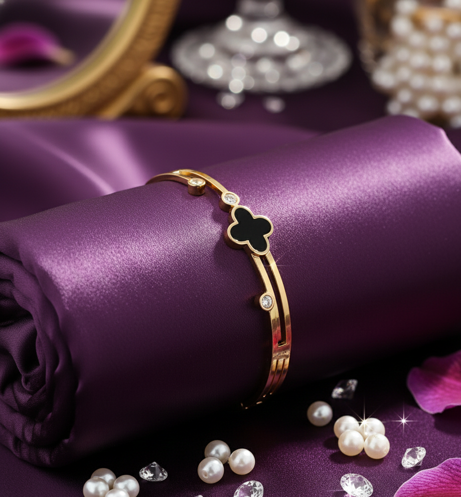 Elegant Golden Colour Anti-Tarnish Bracelet with Black Clover Design