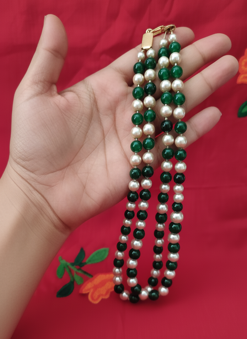 Elegant Pearl and Green Bead Necklace Set