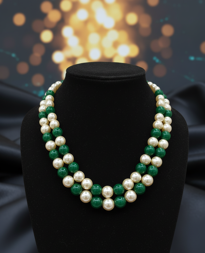 Elegant Pearl and Green Bead Necklace Set