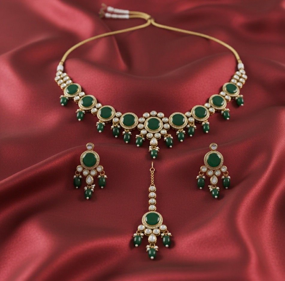 Green and Gold kundan monalisa Necklace Set
