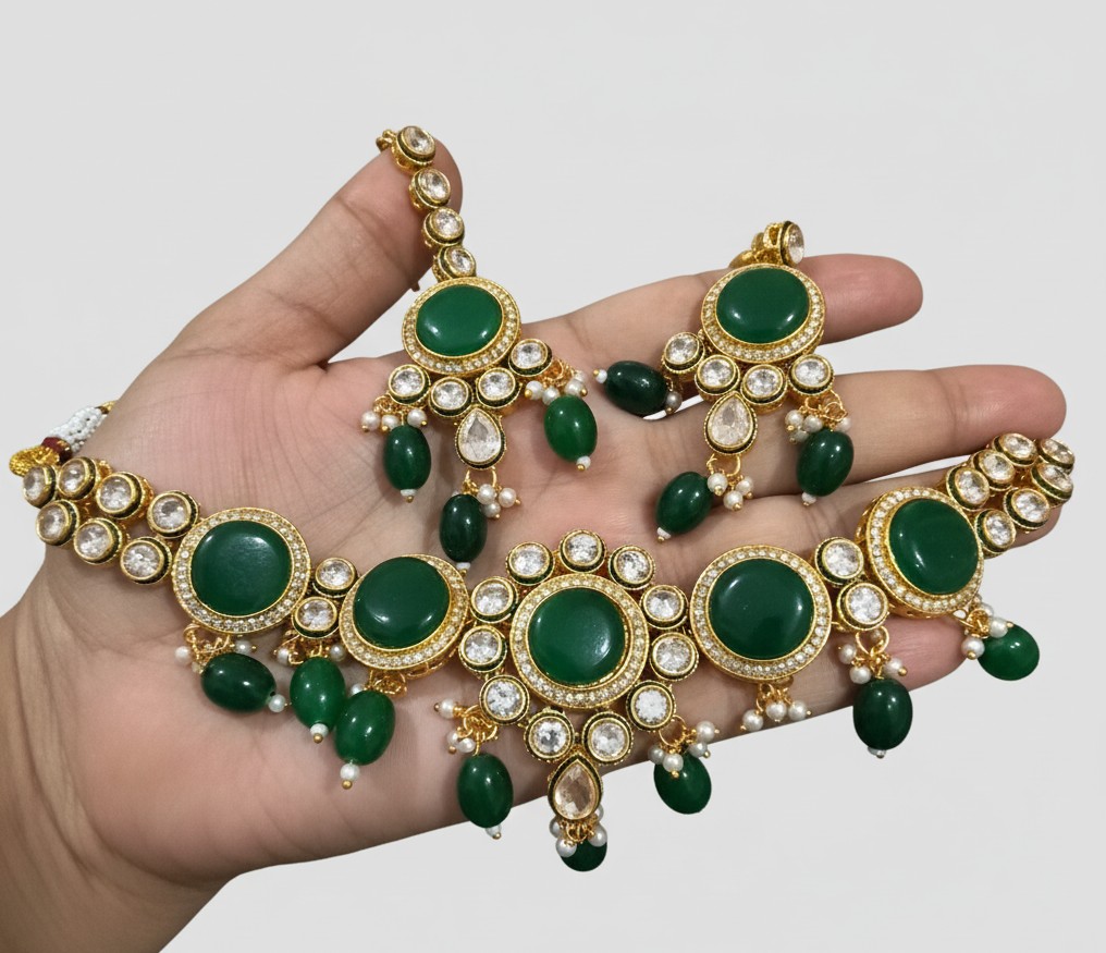 Green and Gold kundan monalisa Necklace Set