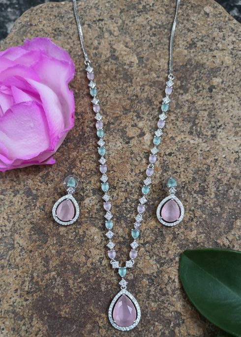 Elegant Pink and Green AD Jewelry Set