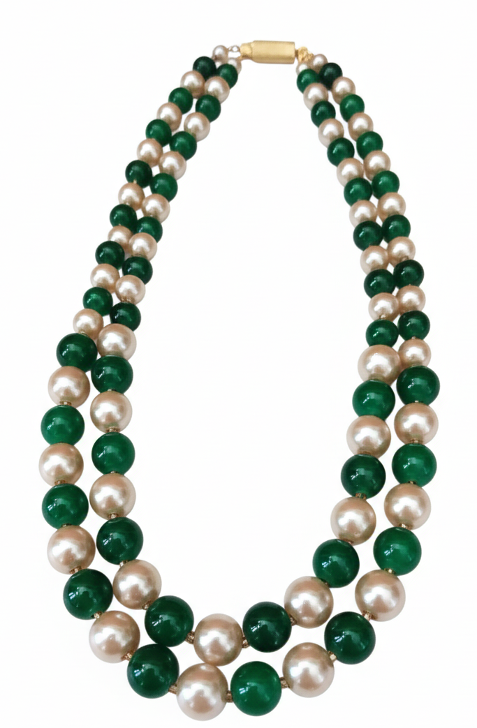 Elegant Pearl and Green Bead Necklace Set