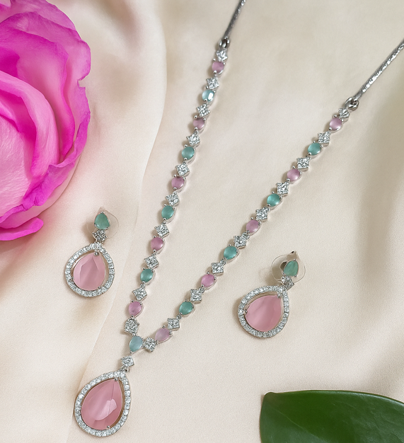 Elegant Pink and Green AD Jewelry Set