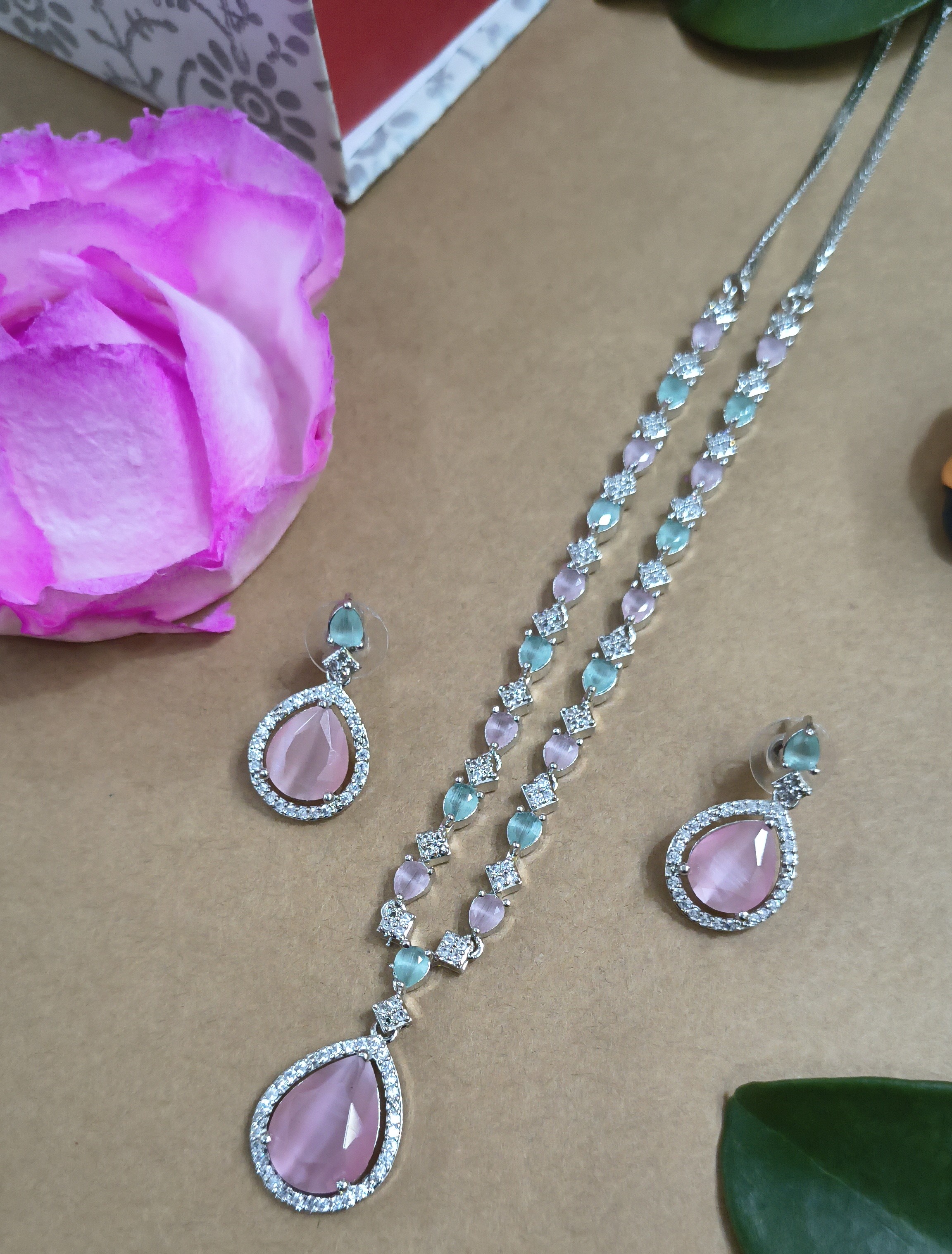 Elegant Pink and Green AD Jewelry Set