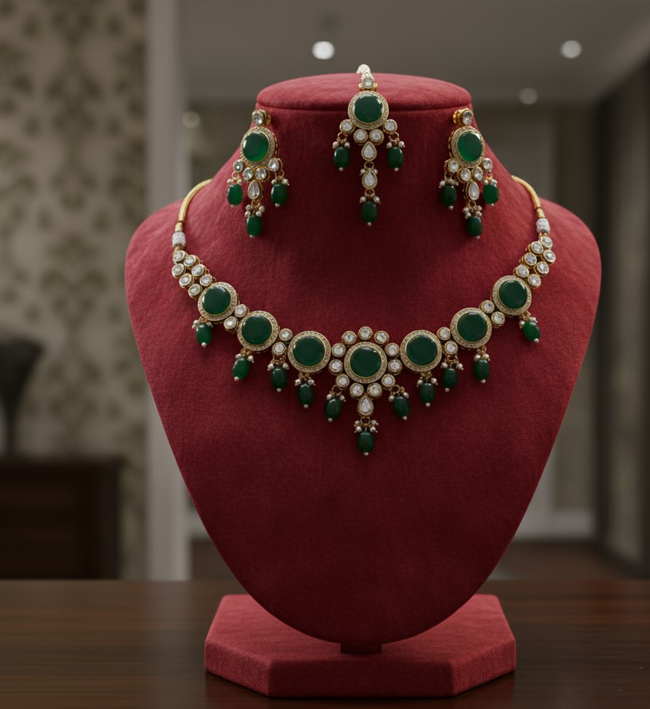 Green and Gold kundan monalisa Necklace Set