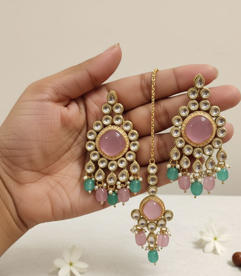 Reversed AD Earrings With maang Tikka