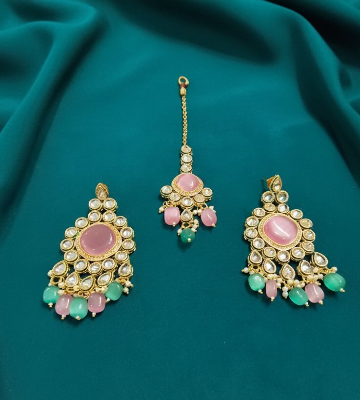 Reversed AD Earrings With maang Tikka