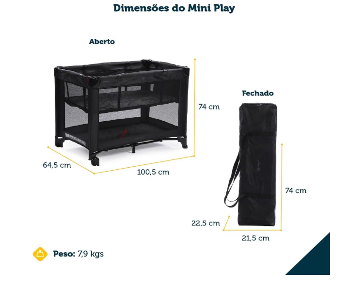Safety 1st Berço Mini Play - 0 a 15kg, Black | Berço Portátil Compacto com 2 Alturas e Mosquiteiro