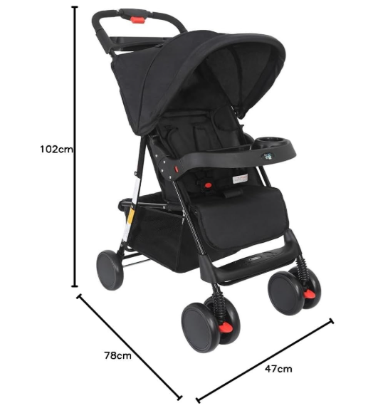 Carrinho Allday Maxi Baby Preto - Leve e Compacto | Recline Total, 2 Posições, Até 15kg, Fechamento com Uma Mão, INMETRO