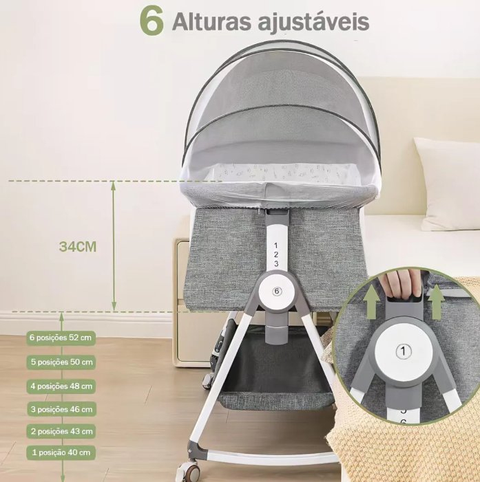 Berço Moisés Ajustável Portátil com Mosquiteiro Blackout e Colchão Anti-Refluxo | Cinza, 6 Alturas, 0-18 Meses, até 25kg