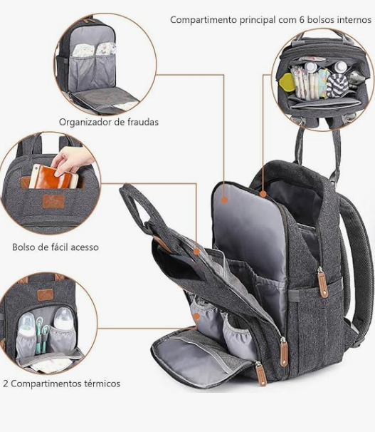 Mochila de Maternidade Kyara Laço Bebê - 20 Bolsos, Trocador Incluso, Impermeável | 40cm Altura