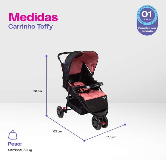 Carrinho Toffy Cosco Kids Rosa Noite - 3 Rodas, Leve e Moderno | 3 Posições de Recline, Até 15kg, INMETRO
