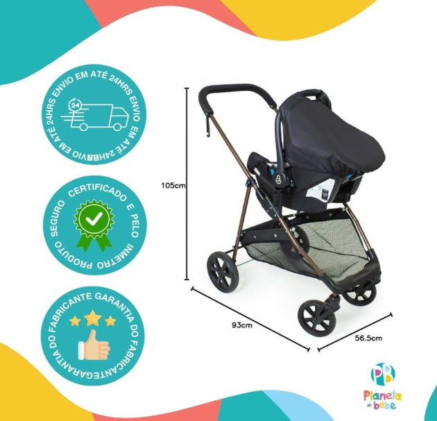 Travel System Napoli Galzerano Preto com Cobre - Carrinho + Bebê Conforto + Base Veicular | Reversível, Moisés, 0-15kg, INMETRO