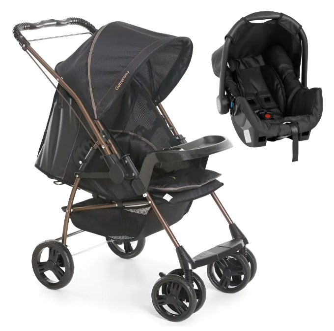 Carrinho Milano Galzerano Preto com Cobre - Alça Reversível Travel System | 4 Posições de Recline, Bebê Conforto Incluso, 0-15kg, INMETRO