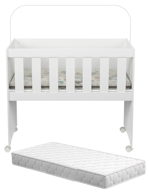 Mini Berço Multifuncional Decormobily 5 em 1 Branco - Com Colchão, Trocador e Rodízios | Escrivaninha, Mesa Recreativa, Aparador, 0-2 Anos