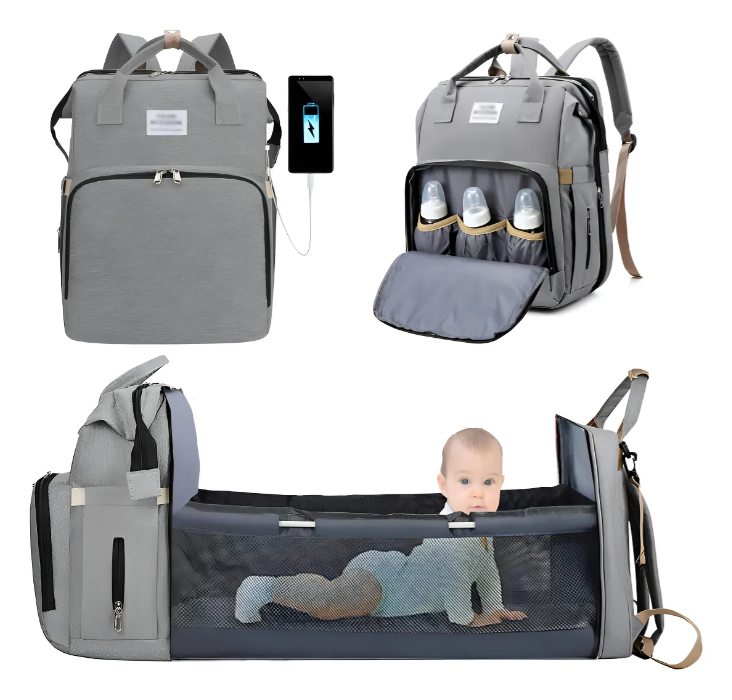 Mochila Maternidade com Berço Integrado - Compartimento Térmico 3 Mamadeiras, Trocador Incluso | Oxford Resistente