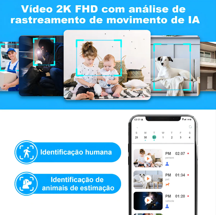 Câmera Interna 2K Wi-Fi 5G/2.4G, Color Visão Noturna, Áudio Bidirecional, Detecção por IA, Pan/Tilt 360°, Alarme com Sirene, Fio Monitor Bebê