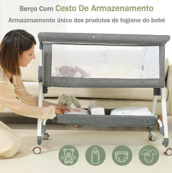 Berço Moisés Ajustável Portátil com Mosquiteiro Blackout e Colchão Anti-Refluxo | Cinza, 6 Alturas, 0-18 Meses, até 25kg