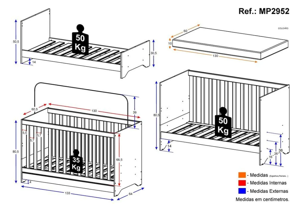 Berço Elza 3 em 1 Multimóveis Branco - Vira Sofá e Minicama | Colchão D18 Antiácaro Incluso, INMETRO, 0-3 Anos