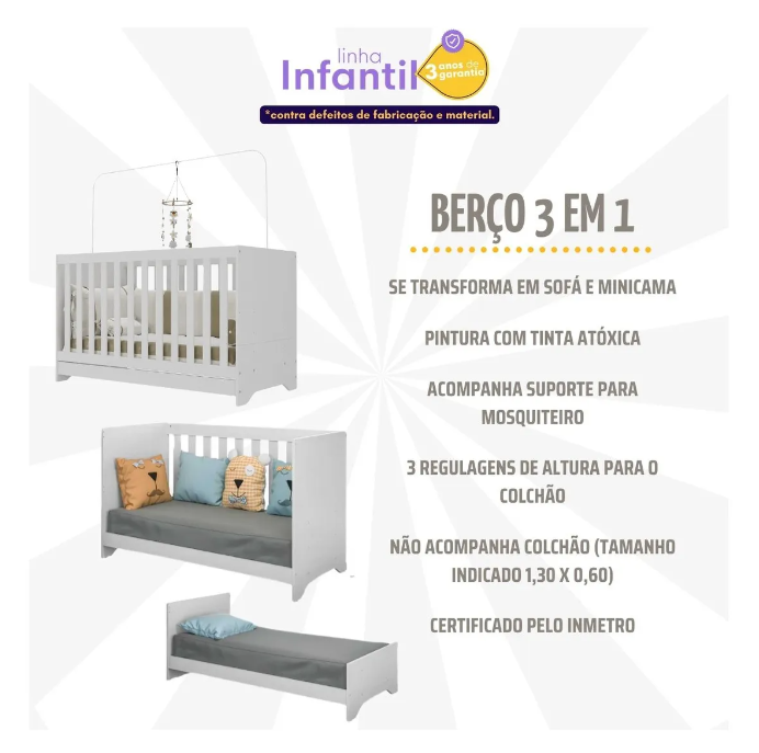 Berço 3 em 1 Multimóveis Branco - Vira Sofá e Minicama | Colchão 60x130cm, 3 Regulagens de Altura, 3 Anos de Garantia