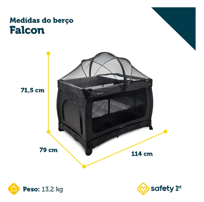 Berço Portátil Falcon Safety 1st Black Night - O Maior da Categoria | 20kg, 2 Alturas, Trocador Acoplado, Mosquiteiro Arcado