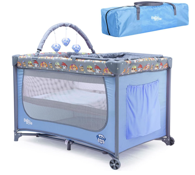 Berço Portátil Patrulha Canina com Mosquiteiro, Móbile, Trocador e Bolsa de Transporte | Azul, Seguro e Compacto, INMETRO