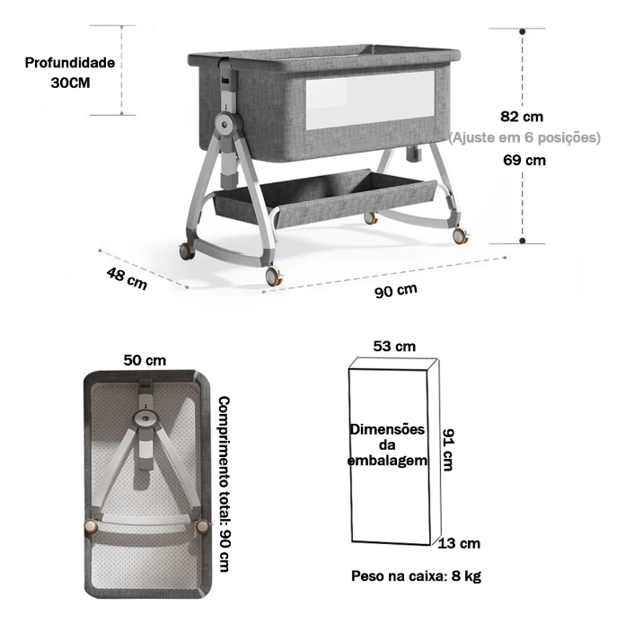 Berço Moisés Ajustável Portátil com Mosquiteiro Blackout e Colchão Anti-Refluxo | Cinza, 6 Alturas, 0-18 Meses, até 25kg
