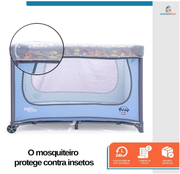 Berço Portátil Patrulha Canina com Mosquiteiro, Móbile, Trocador e Bolsa de Transporte | Azul, Seguro e Compacto, INMETRO