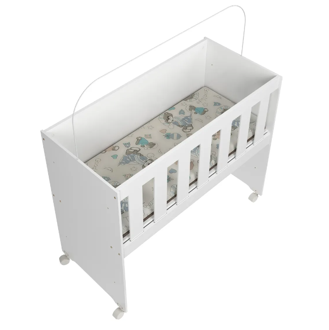 Mini Berço Multifuncional Decormobily 5 em 1 Branco - Com Colchão, Trocador e Rodízios | Escrivaninha, Mesa Recreativa, Aparador, 0-2 Anos