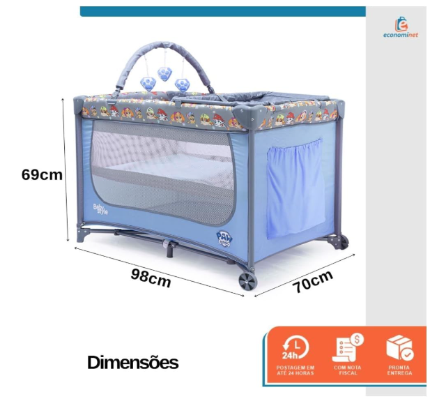 Berço Portátil Patrulha Canina com Mosquiteiro, Móbile, Trocador e Bolsa de Transporte | Azul, Seguro e Compacto, INMETRO