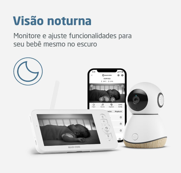 Maxi Cosi, Babá Eletrônica See Pro 360, tela 5.0, tecnologia CryAssist™ interpreta o choro, câmera HD 2K visão noturna, bateria de 10 horas, ruído branco