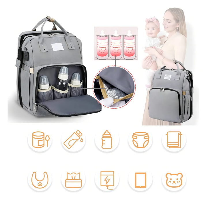 Mochila Maternidade com Berço Integrado - Compartimento Térmico 3 Mamadeiras, Trocador Incluso | Oxford Resistente