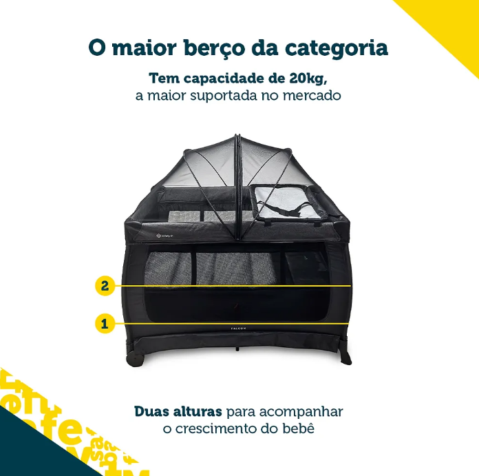 Berço Portátil Falcon Safety 1st Black Night - O Maior da Categoria | 20kg, 2 Alturas, Trocador Acoplado, Mosquiteiro Arcado