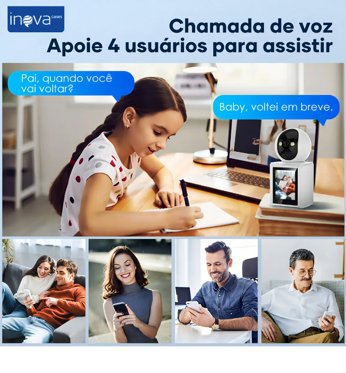 Câmera de Segurança 2K Interior com Tela 2.8" e Visão 360°: Monitor para Bebês, Idosos e Pets, Detecção por IA, Rastreamento Automático, Chamada de Vídeo, Visão Noturna Infravermelha