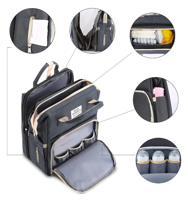 Mochila Maternidade com Berço Integrado - Compartimento Térmico 3 Mamadeiras, Trocador Incluso | Oxford Resistente