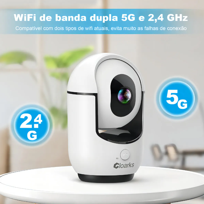 Câmera Interna 2K Wi-Fi 5G/2.4G, Color Visão Noturna, Áudio Bidirecional, Detecção por IA, Pan/Tilt 360°, Alarme com Sirene, Fio Monitor Bebê