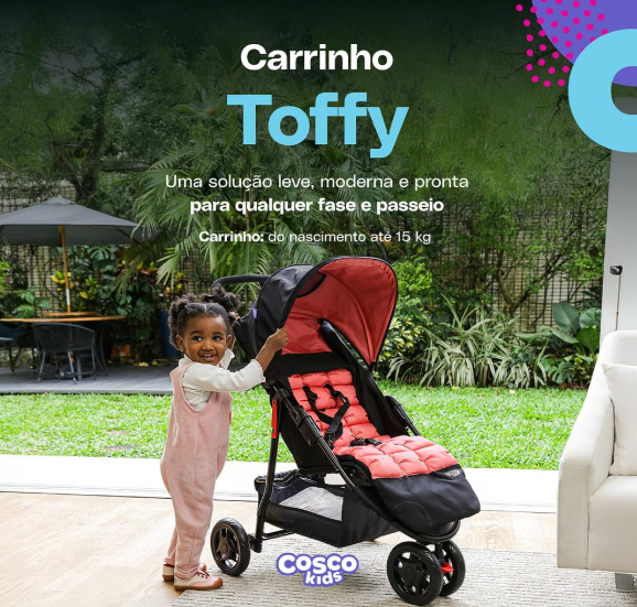 Carrinho Toffy Cosco Kids Rosa Noite - 3 Rodas, Leve e Moderno | 3 Posições de Recline, Até 15kg, INMETRO