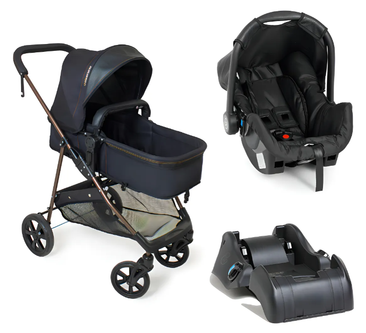 Carrinho Napoli Galzerano Preto com Cobre - Travel System 3 em 1 | Bebê Conforto + Base Veicular, Reversível, 0-15kg, INMETRO