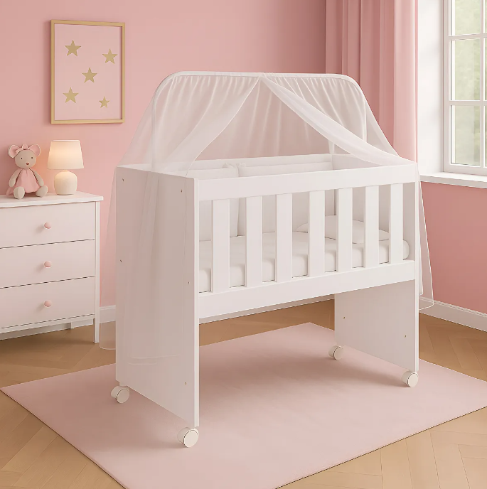 Mini Berço Multifuncional Decormobily 5 em 1 Branco - Com Colchão, Trocador e Rodízios | Escrivaninha, Mesa Recreativa, Aparador, 0-2 Anos