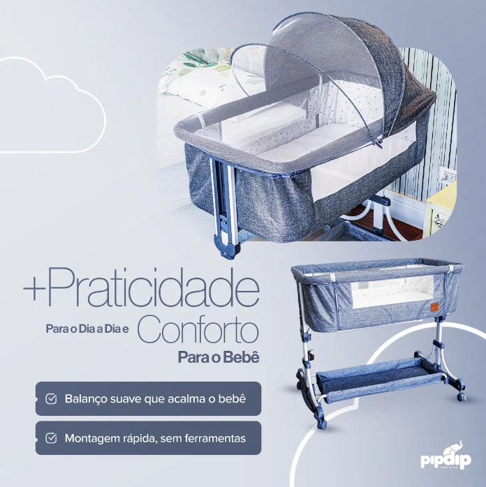 Berço Moisés Portátil Pipdip com Balanço, Mosquiteiro e Colchão Impermeável | Cinza, Altura Regulável em 9 Posições, até 15kg