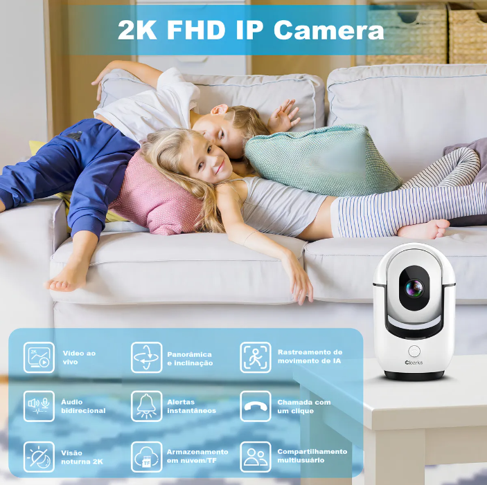 Câmera Interna 2K Wi-Fi 5G/2.4G, Color Visão Noturna, Áudio Bidirecional, Detecção por IA, Pan/Tilt 360°, Alarme com Sirene, Fio Monitor Bebê