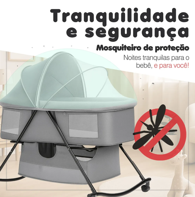 Berço Moisés Pipdip Dobrável com Balanço e Mosquiteiro | Portátil até 15kg, Inclinação Ajustável, Cinza