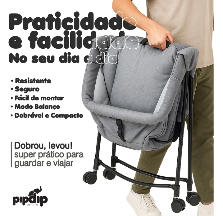 Berço Moisés Pipdip Dobrável com Balanço e Mosquiteiro | Portátil até 15kg, Inclinação Ajustável, Cinza