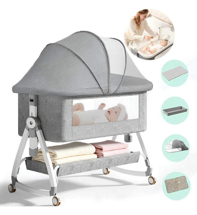 Berço Moisés Ajustável Portátil com Mosquiteiro Blackout e Colchão Anti-Refluxo | Cinza, 6 Alturas, 0-18 Meses, até 25kg
