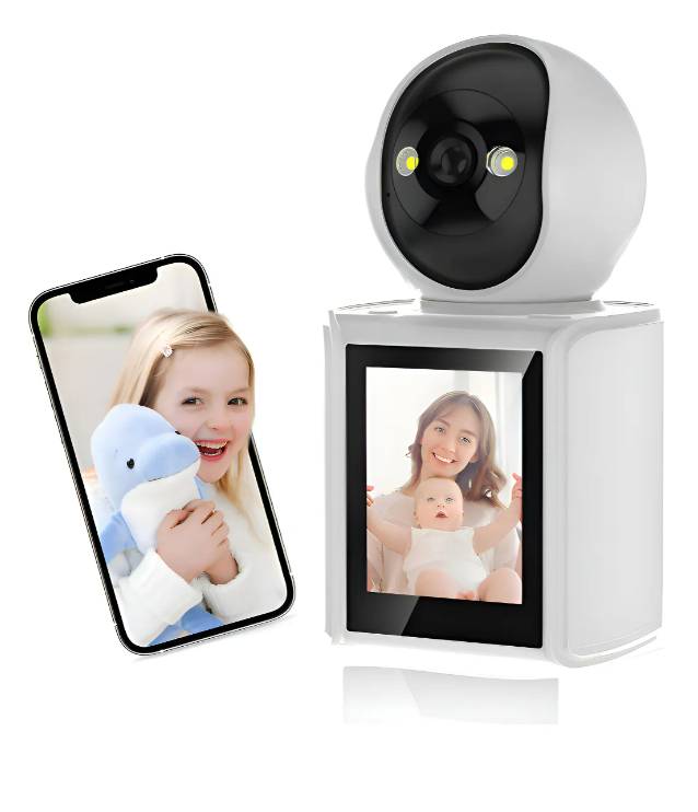 Câmera de Segurança 2K Interior com Tela 2.8" e Visão 360°: Monitor para Bebês, Idosos e Pets, Detecção por IA, Rastreamento Automático, Chamada de Vídeo, Visão Noturna Infravermelha