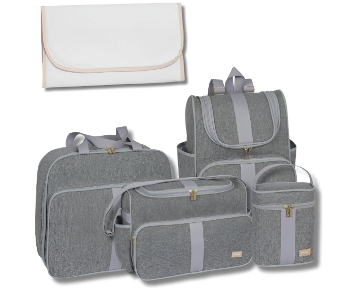 Kit Bolsa Maternidade Coleção Clássica - 5 Peças (Bolsa + Mochila + Mala + Frasqueira Térmica + Trocador) | Impermeável