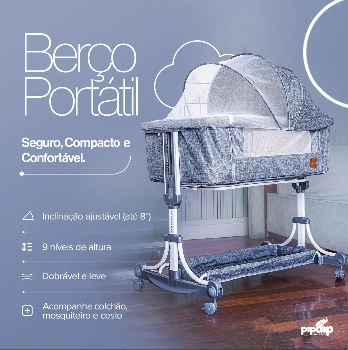 Berço Moisés Portátil Pipdip com Balanço, Mosquiteiro e Colchão Impermeável | Cinza, Altura Regulável em 9 Posições, até 15kg