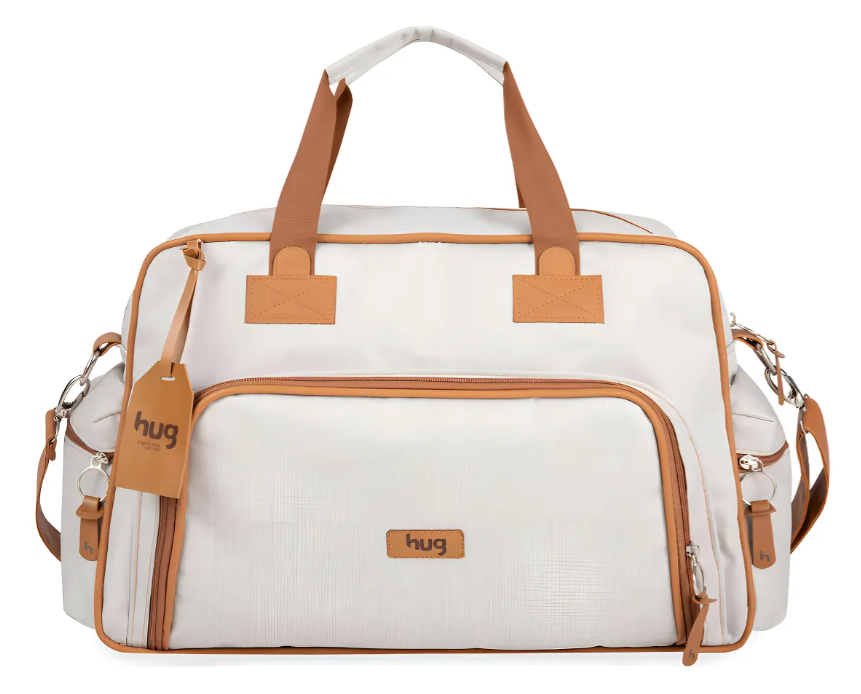 Bolsa Maternidade Hug Mimosa Grande Bege - Nylon Linho, Forro Impermeável, Alça Removível | Feita no Brasil