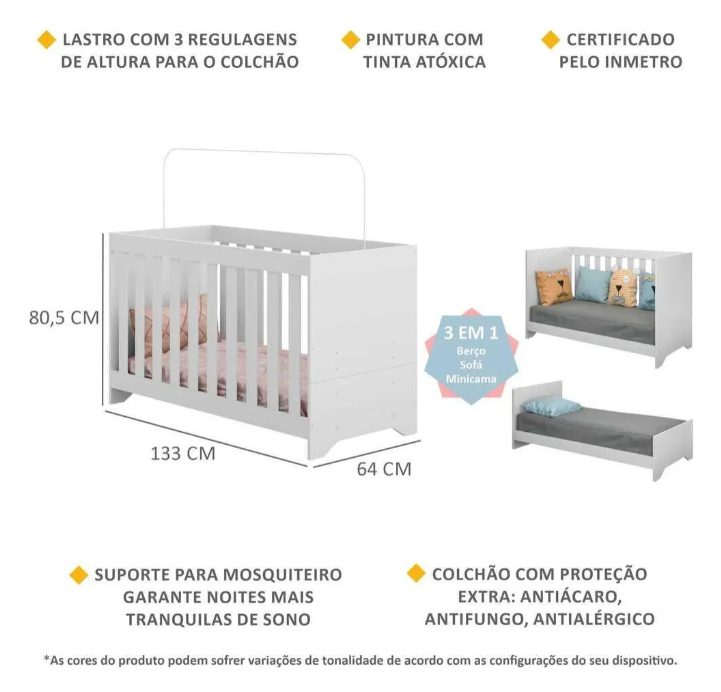 Berço Elza 3 em 1 Multimóveis Branco - Vira Sofá e Minicama | Colchão D18 Antiácaro Incluso, INMETRO, 0-3 Anos